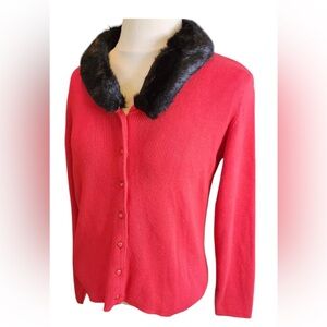KIKIT Black red sweater SZ M fur collar Button up cardigan rich girl Valentine